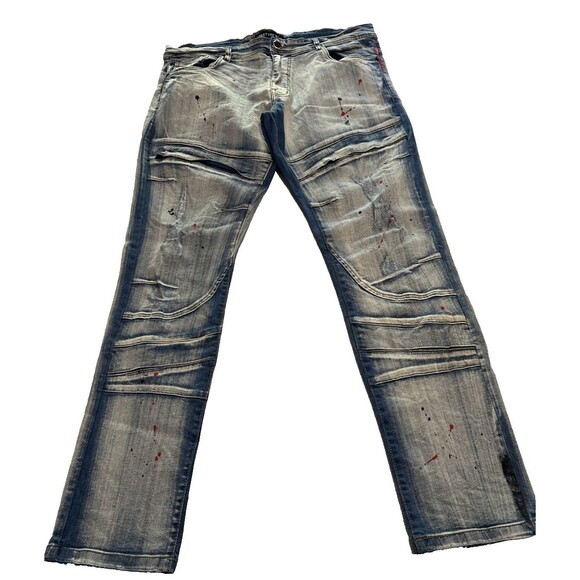 ArkeType Jeans Mens 38x32 Blue Acid Washed Dripped Ripped Distressed Stretch - Picture 1 of 16